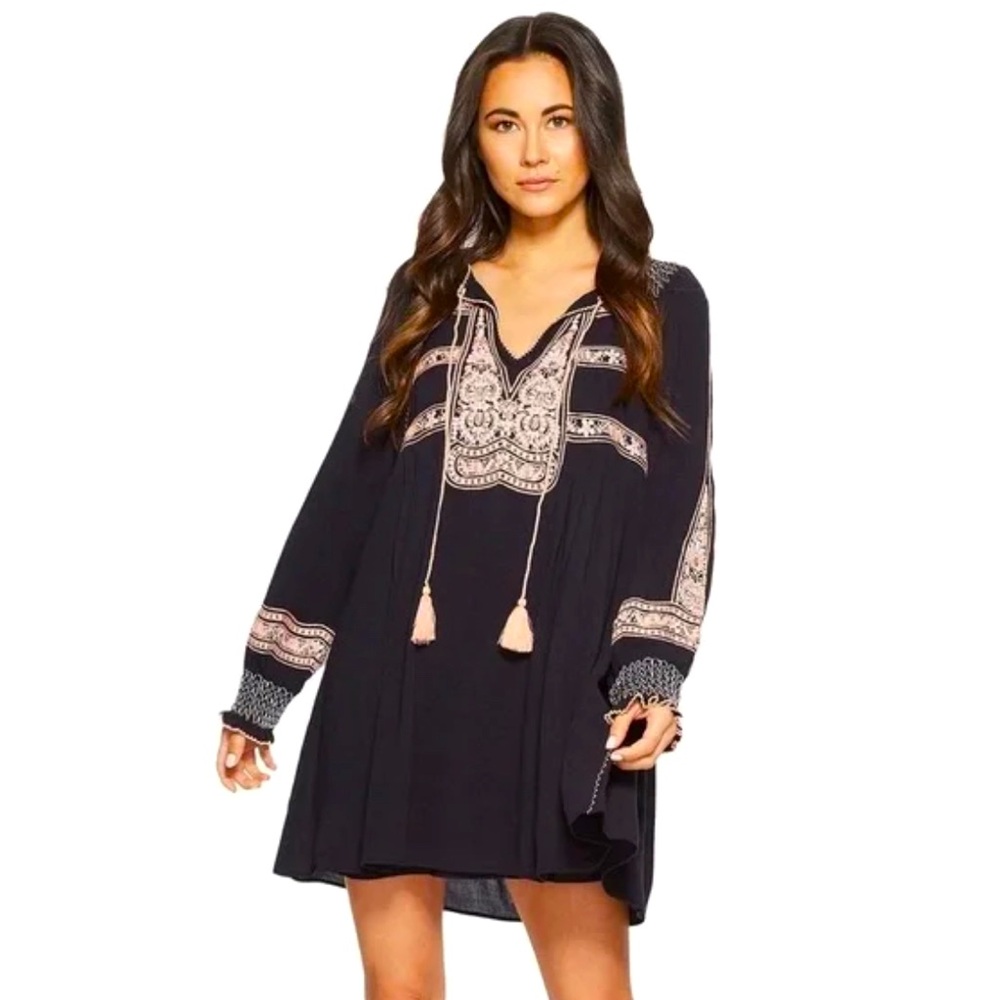 NWOT Free People Wind Willow Boho Embroidered Black Mini Dress Size XS